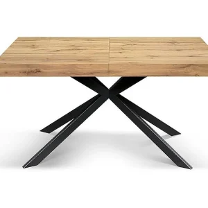 Houten tafel, eiken afwerking, voet X antraciet, uitschuifbaar 160×90 – CAMAIORE
