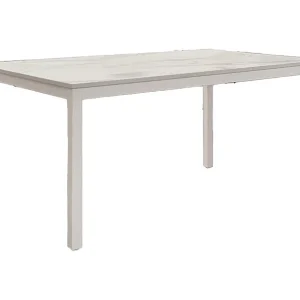 Houten tafel, marmeren afwerking en wit metaal, uitschuifbaar 140×80 – TROPEA Houten tafel, marmeren afwerking en wit metaal, uitschuifbaar 140×80 – TROPEA