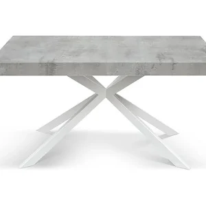 Houten tafel, cementafwerking, voet wit X, uitschuifbaar 160×90 – CAMAIORE