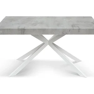 Houten tafel, afwerking cement, onderstel wit X, uitschuifbaar 140×90 – CAMAIORE Houten tafel, afwerking cement, onderstel wit X, uitschuifbaar 140×90 – CAMAIORE