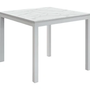 Houten tafel, marmeren afwerking en wit metaal, uitschuifbaar 90×90 – TROPEA Houten tafel, marmeren afwerking en wit metaal, uitschuifbaar 90×90 – TROPEA