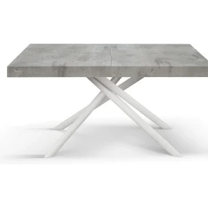 Houten tafel, betongrijs, voet wit, ext.160×90-240x90cm – CARRARA