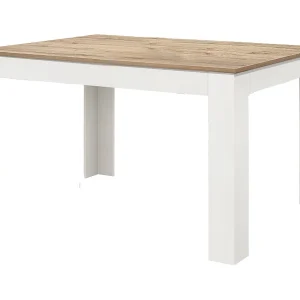 Houten tafel, eiken afwerking, uitschuifbaar wit onderstel 140×90-220×90cm – LIPARI