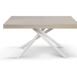 Houten tafel, parel iep, voet wit, ext.140×90-220x90cm – CARRARA Houten tafel, parel iep, voet wit, ext.140×90-220x90cm – CARRARA