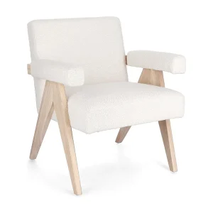 Ivoor stoffen fauteuil met bouclé-effect en rubberhouten poten – FAIZA Ivoor stoffen fauteuil met bouclé-effect en rubberhouten poten – FAIZA