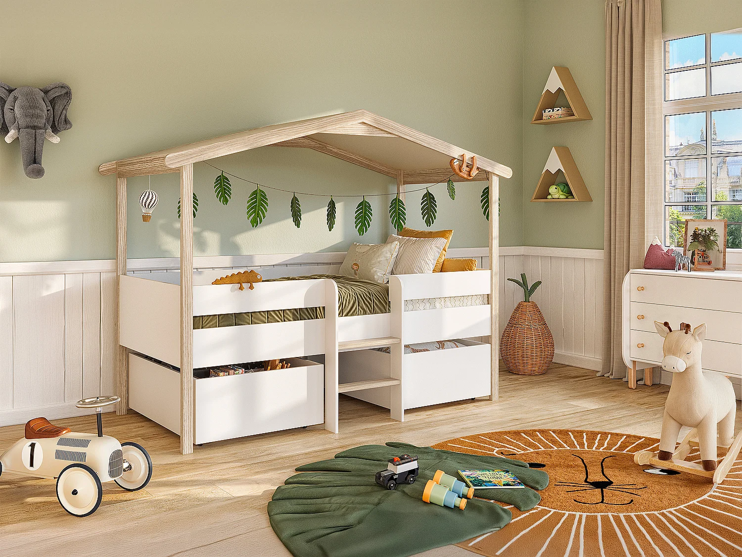 Hutbed SAROSI met laden - 90 x 190cm - Linden - Wit en eiken + matras - Koop nu online