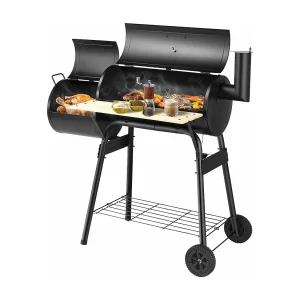 Houtskoolgrill met deksel, grillwagen met wielen, zijvuurbox, zijtafel, plank, houten handgrepen, thermometer, houtskoolgrill voor camping, terras, tuin Houtskoolgrill met deksel, grillwagen met wielen, zijvuurbox, zijtafel, plank, houten handgrepen, thermometer, houtskoolgrill voor camping, terras, tuin