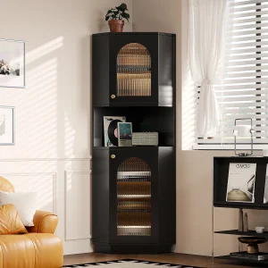 Hoekkolom voor badkamer – met 2 deuren – met LED – verstelbare planken – Zwart