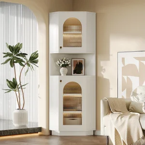 Hoekkolom voor badkamer – met 2 deuren – met LED – verstelbare planken – Wit