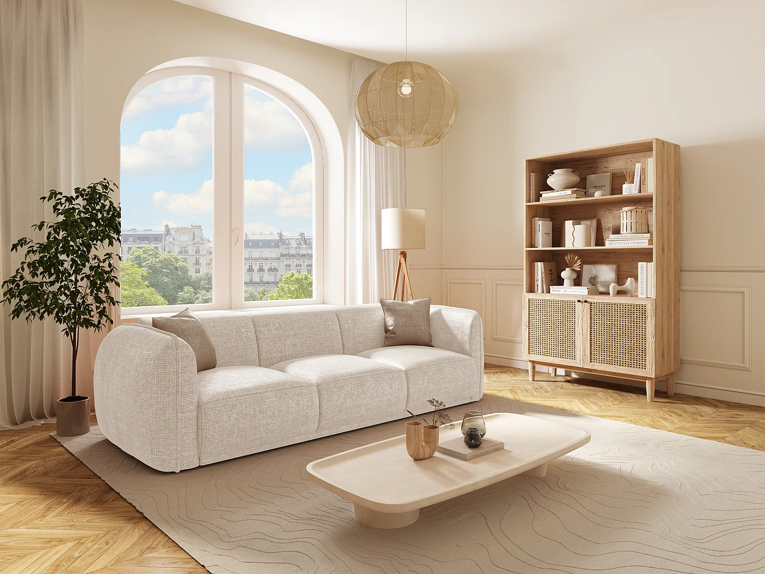 Driezitsbank van beige stof met textuur JUNETI