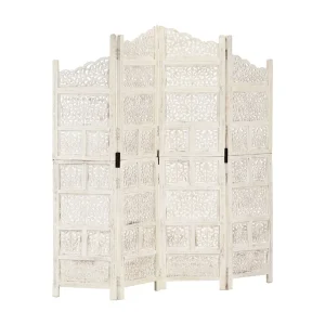 Kamerscherm met 4 panelen handgesneden 160×165 cm mangohout wit Kamerscherm met 4 panelen handgesneden 160×165 cm mangohout wit