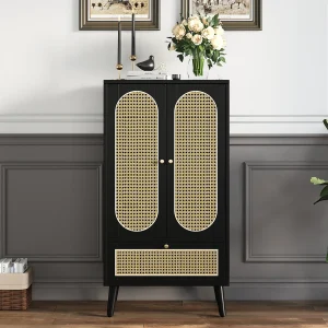 Hoog dressoir met 2 deuren en 1 lade, Opbergmeubel, Rotaneffect, spaanplaat, Zwart Hoog dressoir met 2 deuren en 1 lade, Opbergmeubel, Rotaneffect, spaanplaat, Zwart