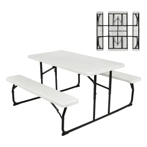 Inklapbare picknicktafel met banken, 136 cm, campingtafelset voor buiten, biertentgarnituur, biertafelgarnituur voor terras, tuin (wit)AB92894