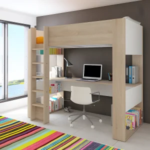 Hoogslaper met bureau en geïntegreerde opbergruimte 90 x 200 cm eiken en wit NOAH Hoogslaper met bureau en geïntegreerde opbergruimte 90 x 200 cm eiken en wit NOAH