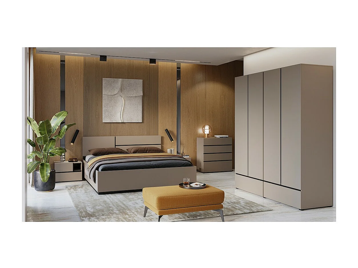 Kamer HAVANA compleet beige en zwart met opbergbed 160x200, kledingkast met 4 deuren, commode en nachtkastjes