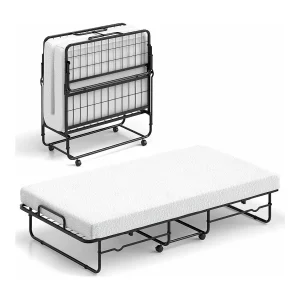 Inklapbaar logeerbed, 90 x 190 cm, opklapbed met 10 cm dik schuimmatras, lattenbodem van metaal, vouwbed met wielen en robuust metalen frame, belastbaar tot 220 kg