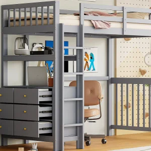 Hoogslaper 90x200cm – met ladder – met 6 lades – met legplanken – hoge rails – lattenbodem – massief hout – grijs (matras niet inbegrepen) Hoogslaper 90x200cm – met ladder – met 6 lades – met legplanken – hoge rails – lattenbodem – massief hout – grijs (matras niet inbegrepen)
