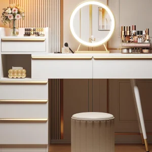 Kaptafel met LED-verlichting 100 x 41,5 x 102 cm – met 6 lades – uitschuifbaar blad – wit Kaptafel met LED-verlichting 100 x 41,5 x 102 cm – met 6 lades – uitschuifbaar blad – wit