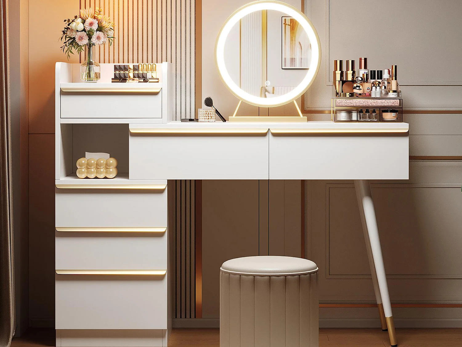Kaptafel met LED-verlichting 100 x 41,5 x 102 cm - met 6 lades - uitschuifbaar blad - wit