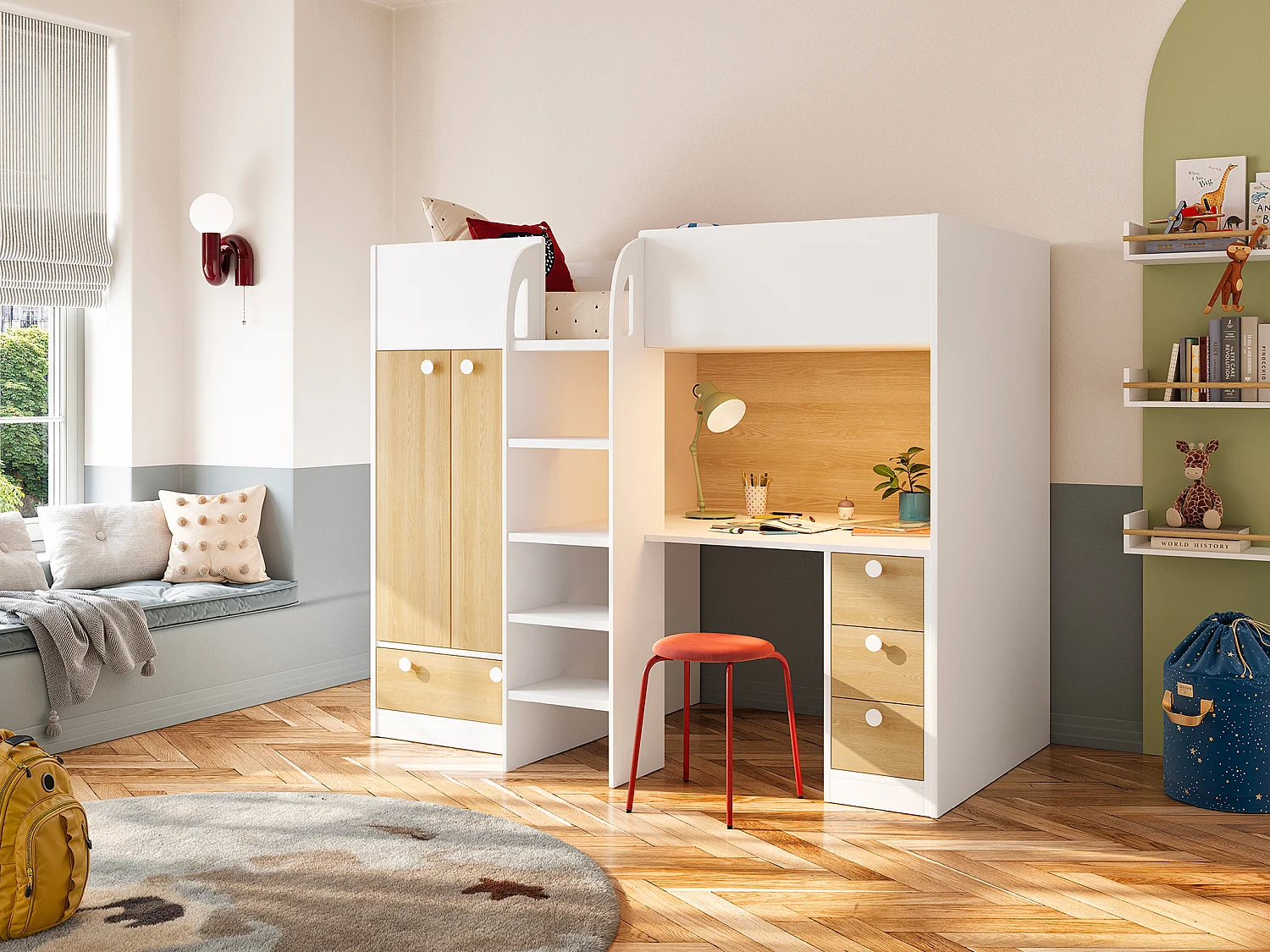 Hoogslaper 90 x 190 cm met kast en bureau, wit en naturel - CINAMO