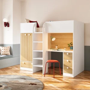 Hoogslaper 90 x 190 cm met kast en bureau in wit en houtlook + matras – CINAMO Hoogslaper 90 x 190 cm met kast en bureau in wit en houtlook + matras – CINAMO