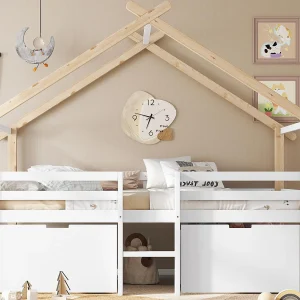 Houten hoogslaper 90×200 cm – met 2 opberglades – massief hout + MDF – wit + naturel