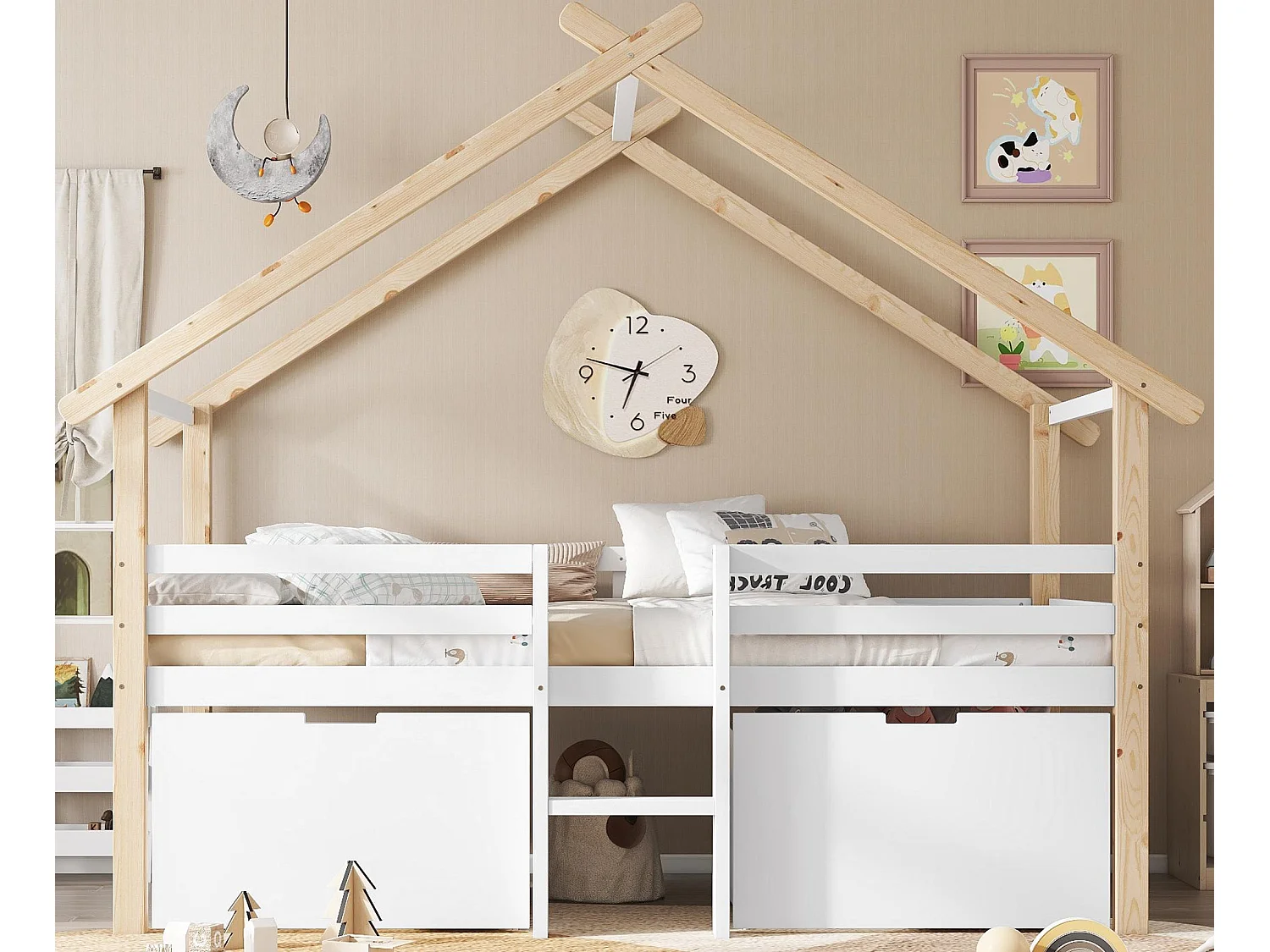 Houten hoogslaper 90x200 cm - met 2 opberglades - massief hout + MDF - wit + naturel