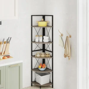 Hoekplank met 5 niveaus, 160 cm hoog, boekenkast, hout, staand rek met metalen frame, opbergplank, voor woonkamer, badkamer, keuken en hal (eikengrijs)VH34223