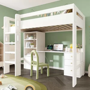 Hoogslaper 90×200 voor kinderen met bureau, USB-C-poort, kast en ordner, eenpersoonsbed voor tieners met witte trap Hoogslaper 90×200 voor kinderen met bureau, USB-C-poort, kast en ordner, eenpersoonsbed voor tieners met witte trap
