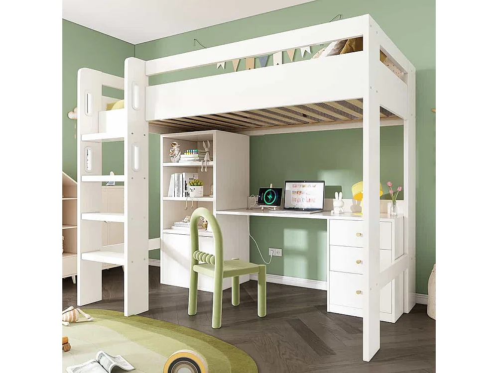 Hoogslaper 90x200 voor kinderen met bureau, USB-C-poort, kast en ordner, eenpersoonsbed voor tieners met witte trap