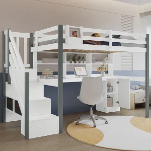 Hoogslaper 90×200 met grote opbergruimte, zijladder, open plank, tienerbed met bureau en opbergvakken van grenenhout en wit en grijs MDF Hoogslaper 90×200 met grote opbergruimte, zijladder, open plank, tienerbed met bureau en opbergvakken van grenenhout en wit en grijs MDF