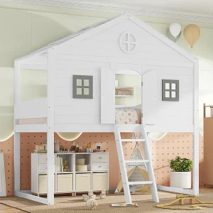 Hoogslaper 90×200 met veilige trap, veiligheidshekken, 2 grijze ramen, kinderbed met opbergruimte onder het bed van grenen en wit en grijs MDF Hoogslaper 90×200 met veilige trap, veiligheidshekken, 2 grijze ramen, kinderbed met opbergruimte onder het bed van grenen en wit en grijs MDF