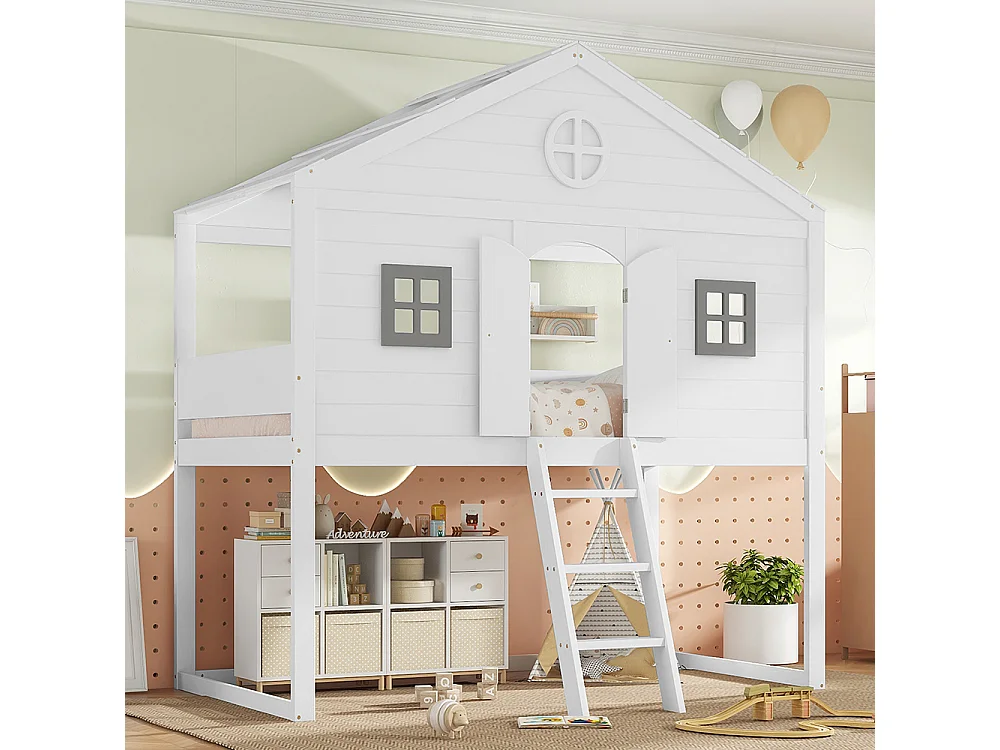 Hoogslaper 90x200 met veilige trap, veiligheidshekken, 2 grijze ramen, kinderbed met opbergruimte onder het bed van grenen en wit en grijs MDF