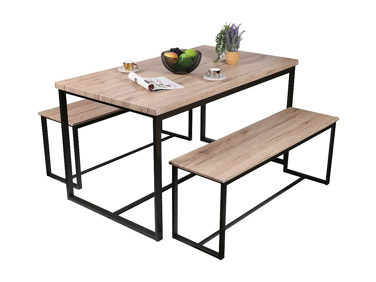 Set tafel en twee banken industriële stijl in hout en metaal Collectie DARYL – Tafel 140 cm en twee banken 120 cm