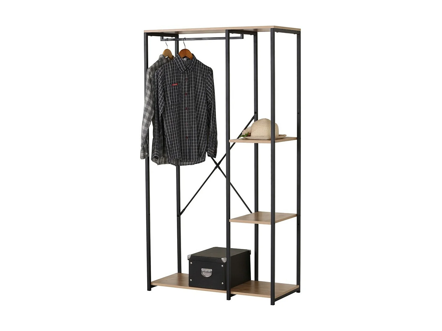 Kapstok / open garderobe met 2 planken en kledingroede uit de HOLBORN collectie - Afmetingen 90x40x167 cm, kleur eiken en zwart