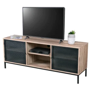 TV-meubel van hout met zwart metalen gaas – 2 vakken, afmetingen 150x40xH60 cm – Collectie METALIX