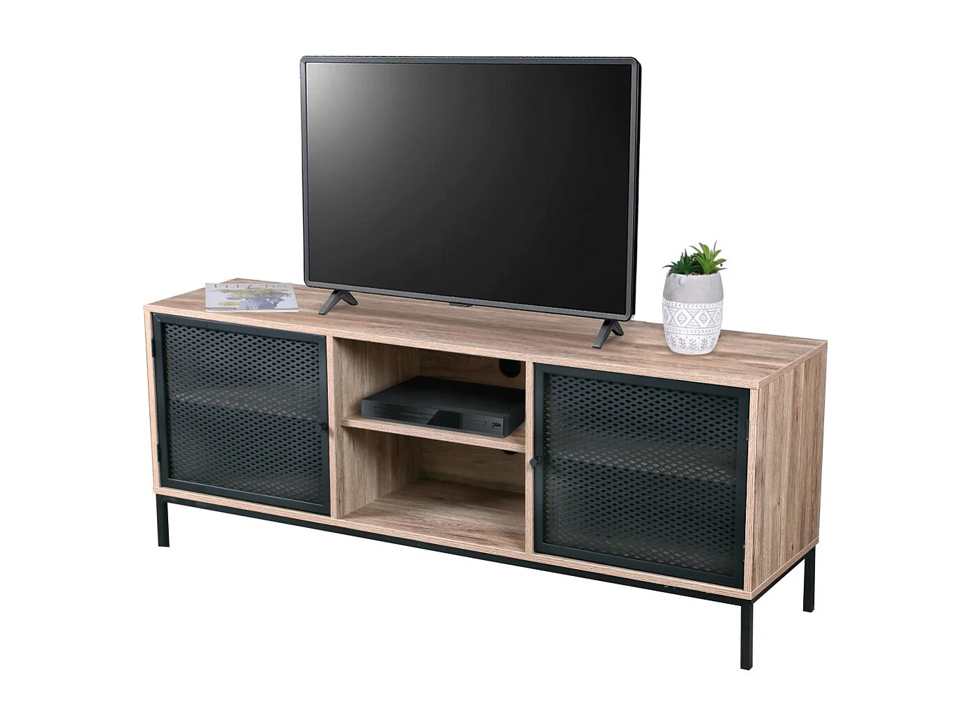 TV-meubel van hout met zwart metalen gaas - 2 vakken, afmetingen 150x40xH60 cm - Collectie METALIX