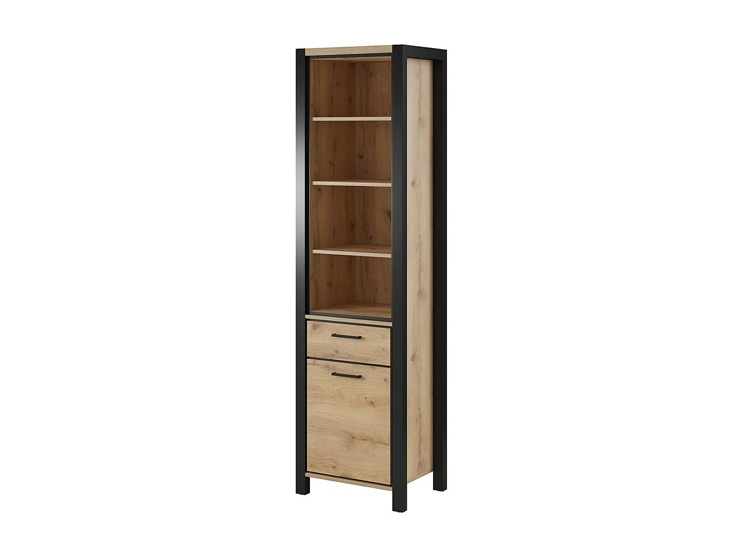 Hoge vitrinekast BOWIE. Eiken en zwart kleur. LED inbegrepen.