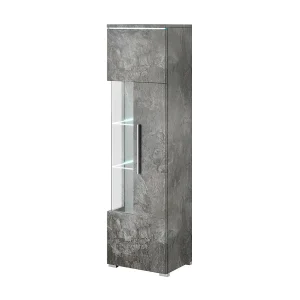 Hoge design vitrinekast met meerkleurige verlichting uit de BOMBAY collectie, leisteen grijs effect Hoge design vitrinekast met meerkleurige verlichting uit de BOMBAY collectie, leisteen grijs effect