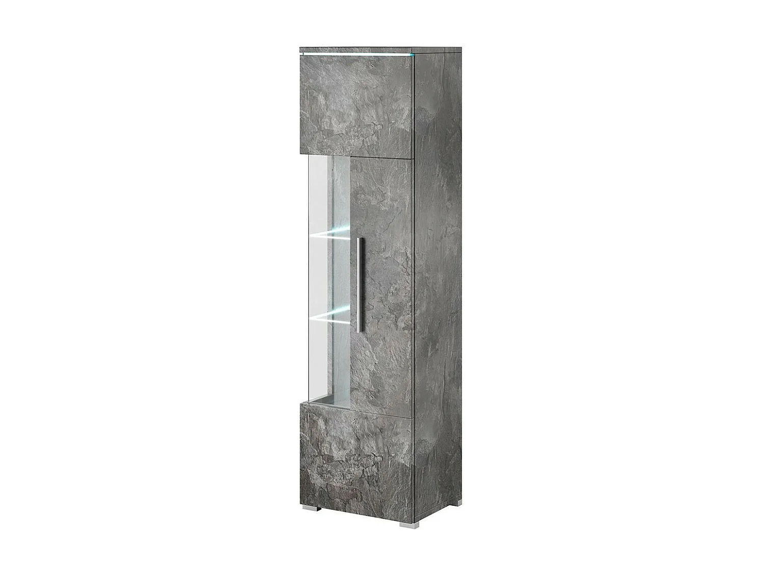 Hoge design vitrinekast met meerkleurige verlichting uit de BOMBAY collectie, leisteen grijs effect