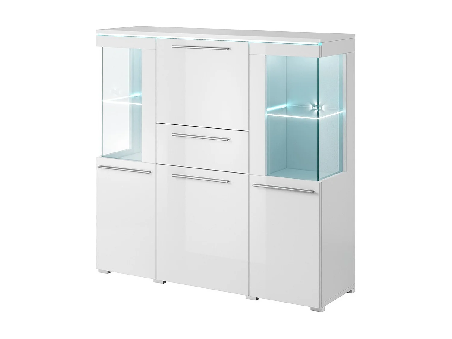 Hoog buffet voor de woonkamer in glanzend wit met geïntegreerde multikleur LED-verlichting collectie BOMBAY.