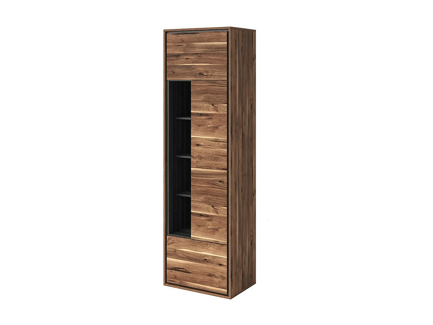 Hoge design vitrinekast met 1 deur, 1 lade en 4 open vakken uit de SILVA collectie in eiken en grijs
