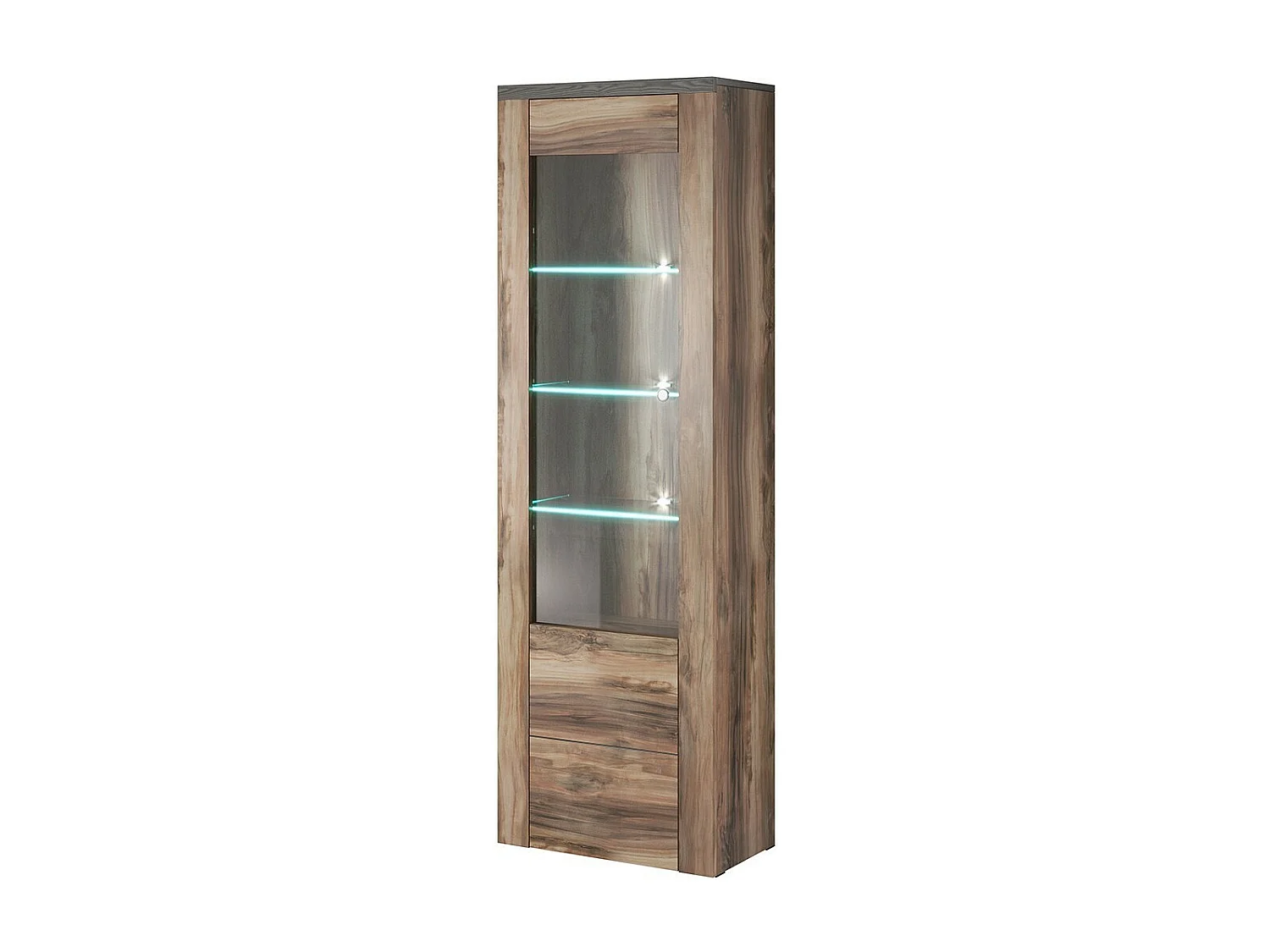 Vitrinekast hoog design 1 deur, collectie SANTIAGO. Kleur walnoot en zwart houteffect