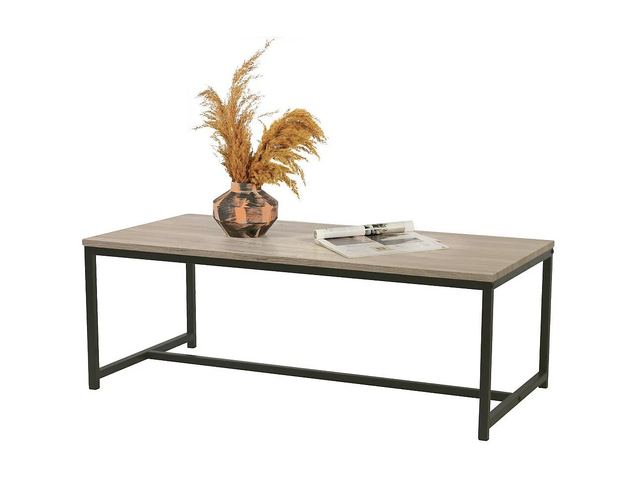 Salontafel in industriële stijl uit de RANONG-collectie - Licht eiken kleur met zwart metalen poten, afmetingen 100x50x36 cm