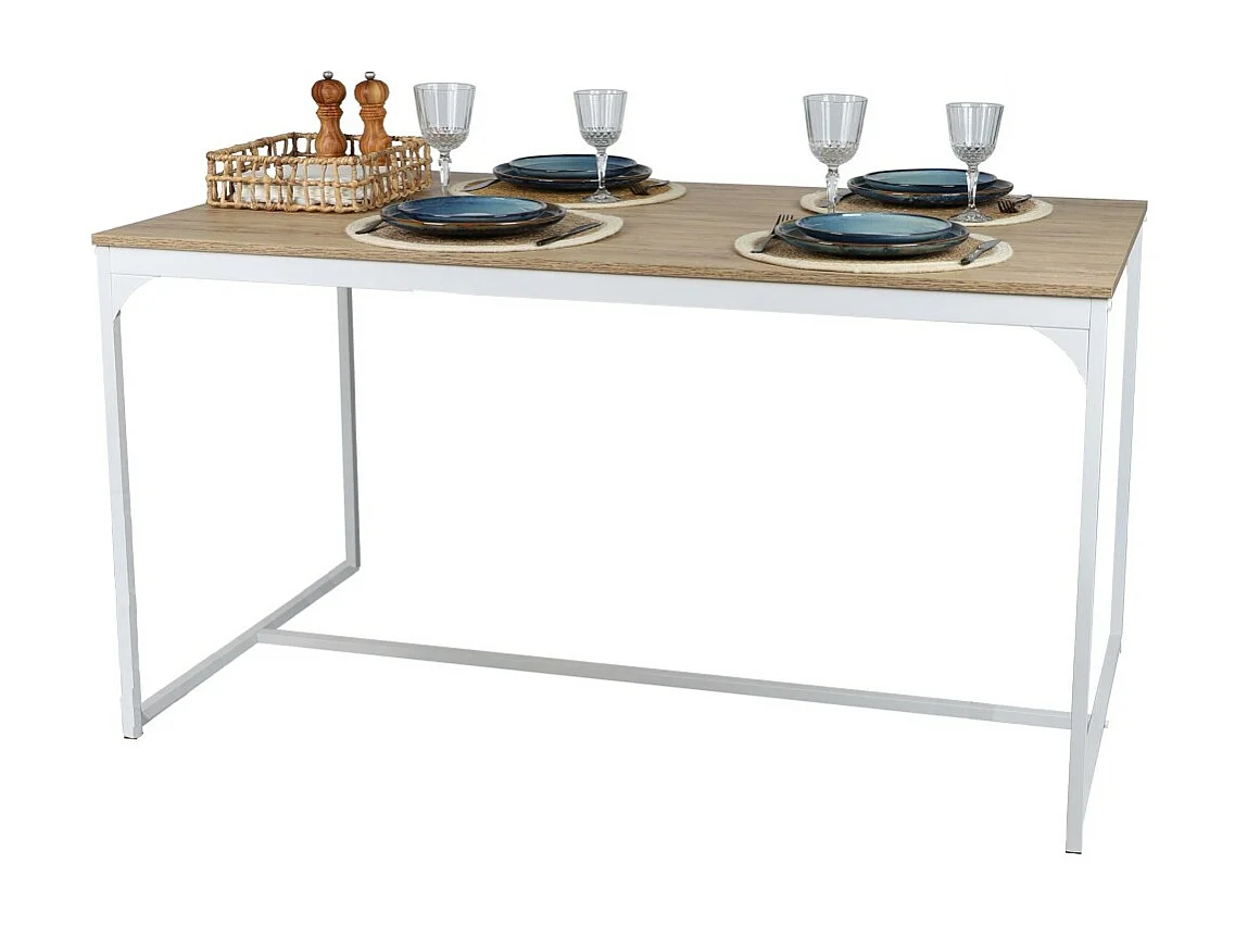Industriële eettafel uit de PUEBLO collectie - Licht eiken kleur met wit metalen onderstel, afmetingen 150x80x75 cm