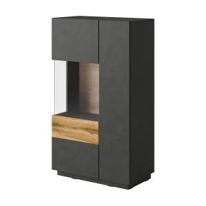 Buffet hoog met KILES-collectie twee deuren. Kleur antracietgrijs en eiken. Glazen deur links Buffet hoog met KILES-collectie twee deuren. Kleur antracietgrijs en eiken. Glazen deur links