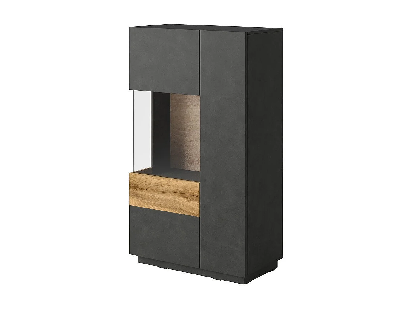 Buffet hoog met KILES-collectie twee deuren. Kleur antracietgrijs en eiken. Glazen deur links