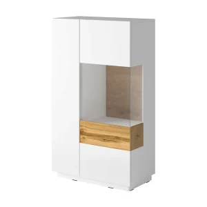 Buffet hoog met LED uit de collectie KILES met twee deuren. Kleur wit en eik. Glazen deur aan de rechterkant Buffet hoog met LED uit de collectie KILES met twee deuren. Kleur wit en eik. Glazen deur aan de rechterkant