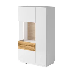 Buffet hoog met LED uit de KILES collectie met twee deuren. Kleur wit en eiken. Glazen deur links. Buffet hoog met LED uit de KILES collectie met twee deuren. Kleur wit en eiken. Glazen deur links.
