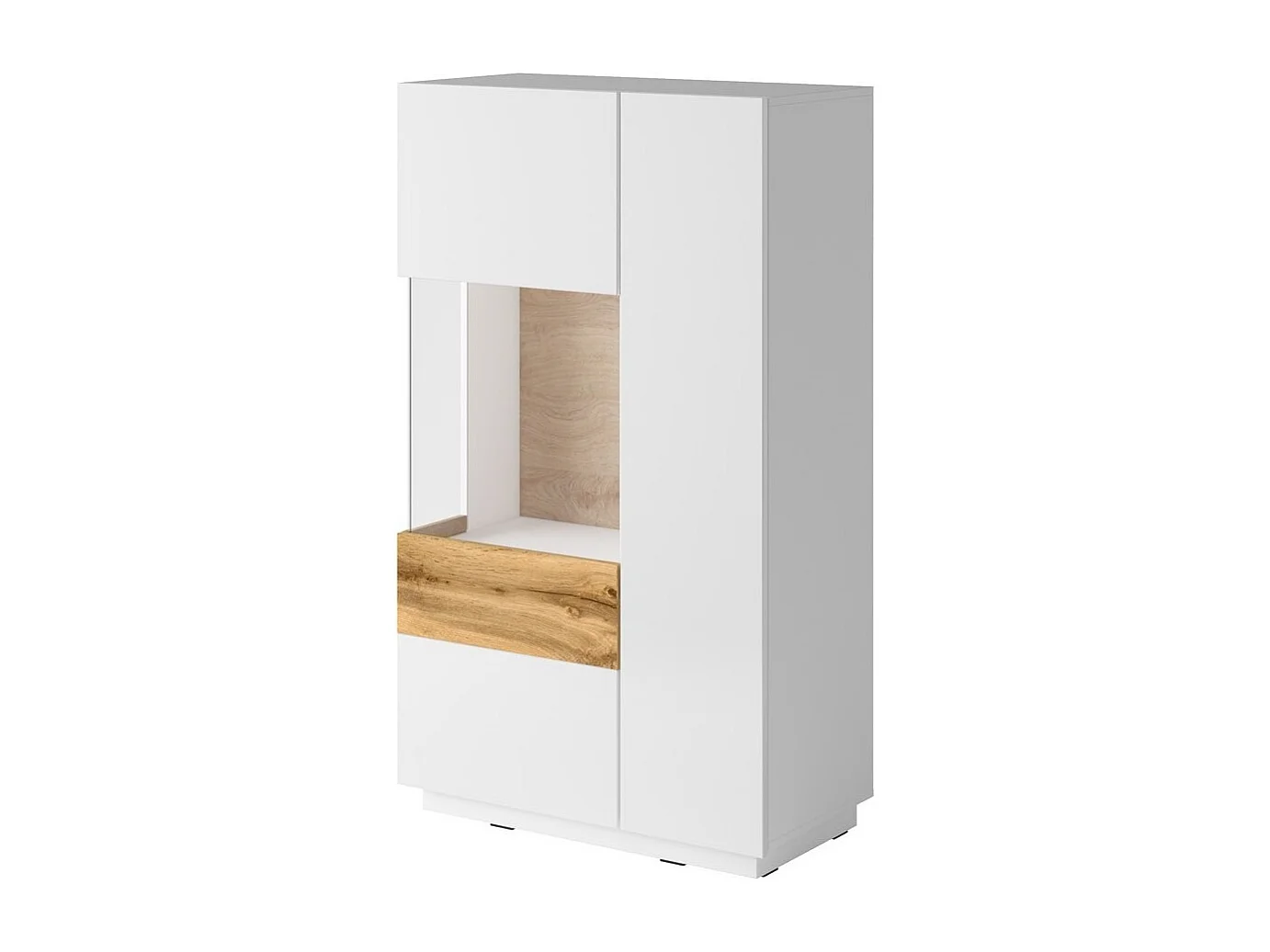 Buffet hoog met LED uit de KILES collectie met twee deuren. Kleur wit en eiken. Glazen deur links.